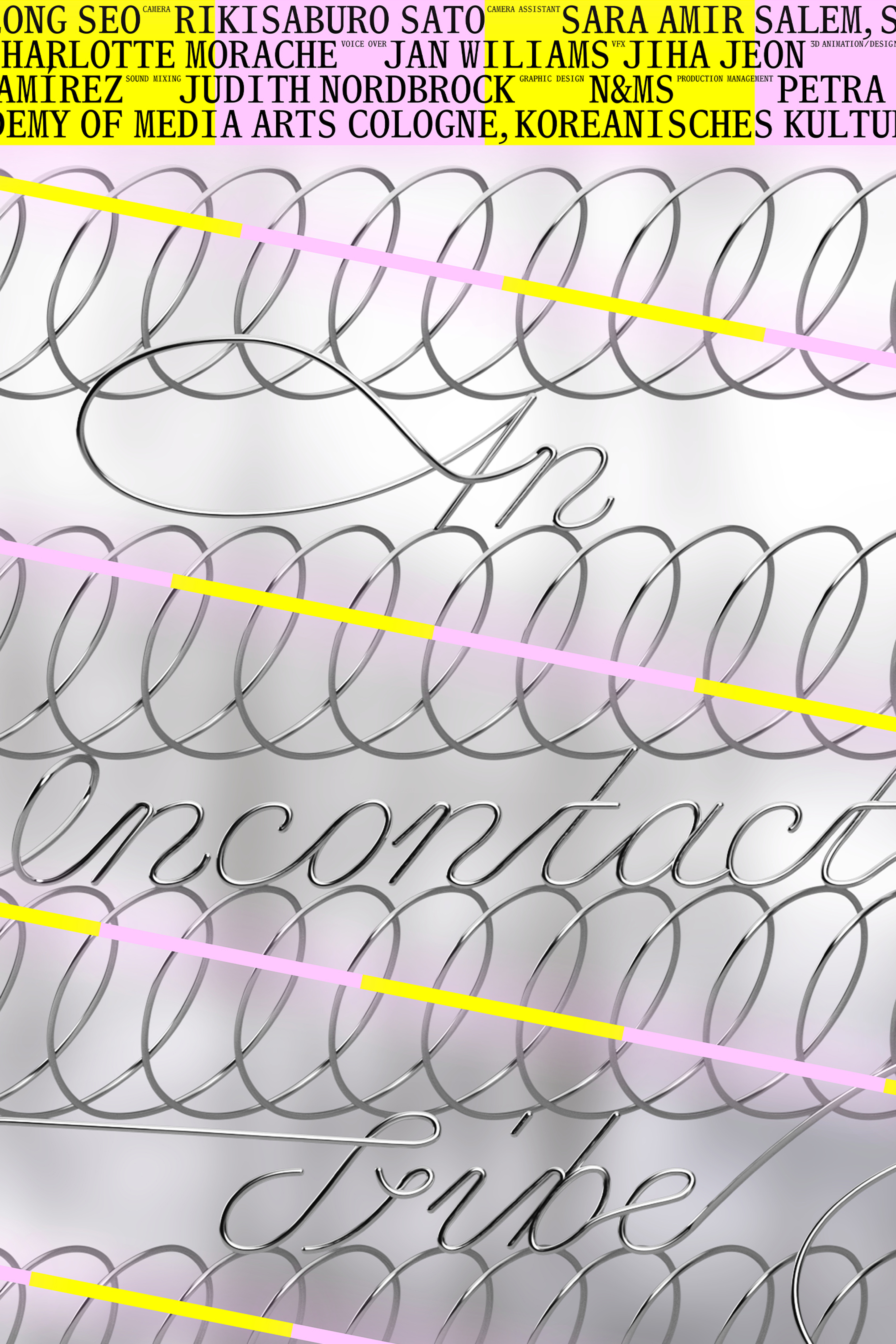 Detail of the poster with a chromed display title decorated with yellow and pink elements.