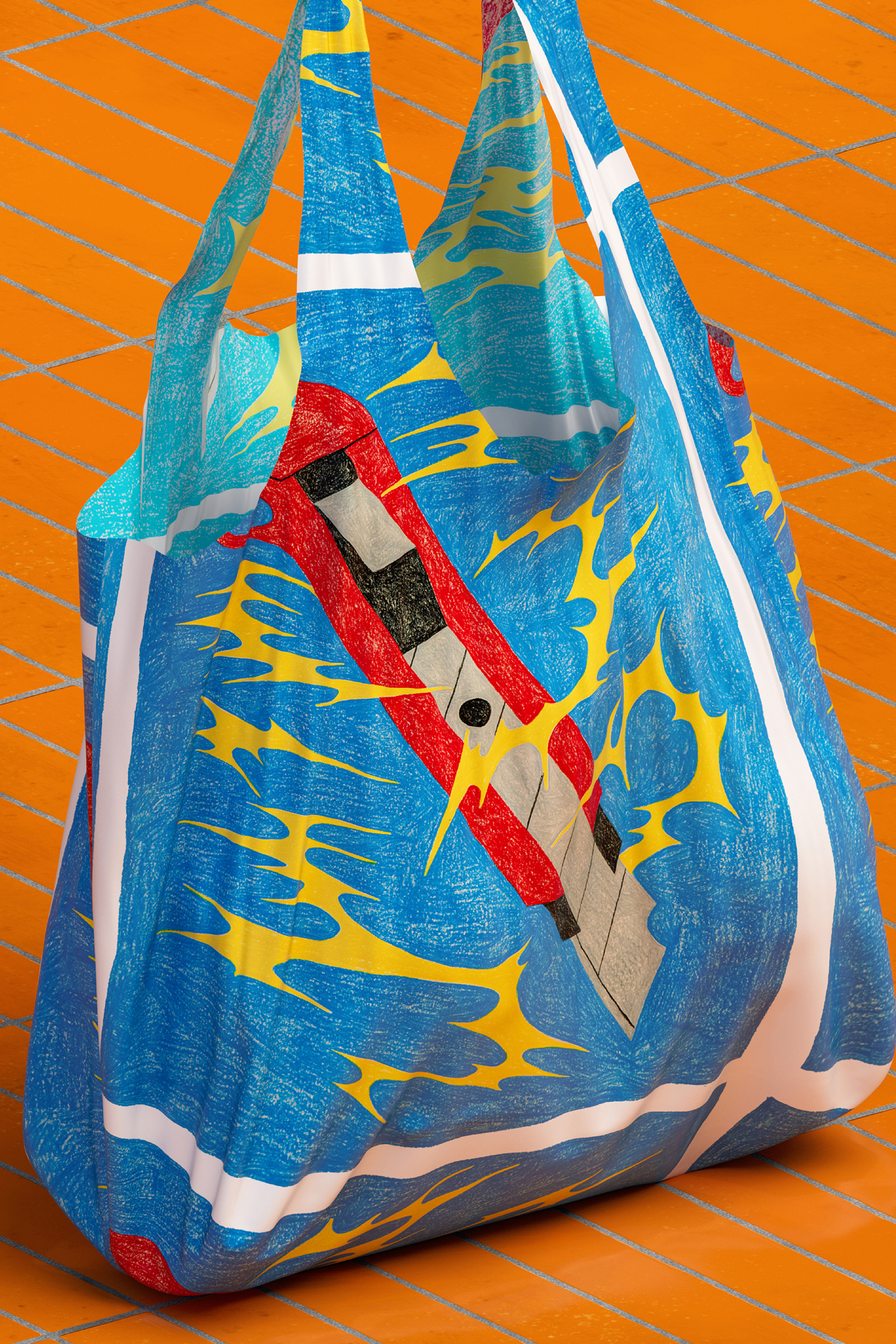 3D rendering of a shopping bag with a printed pattern by Nando Vivas.