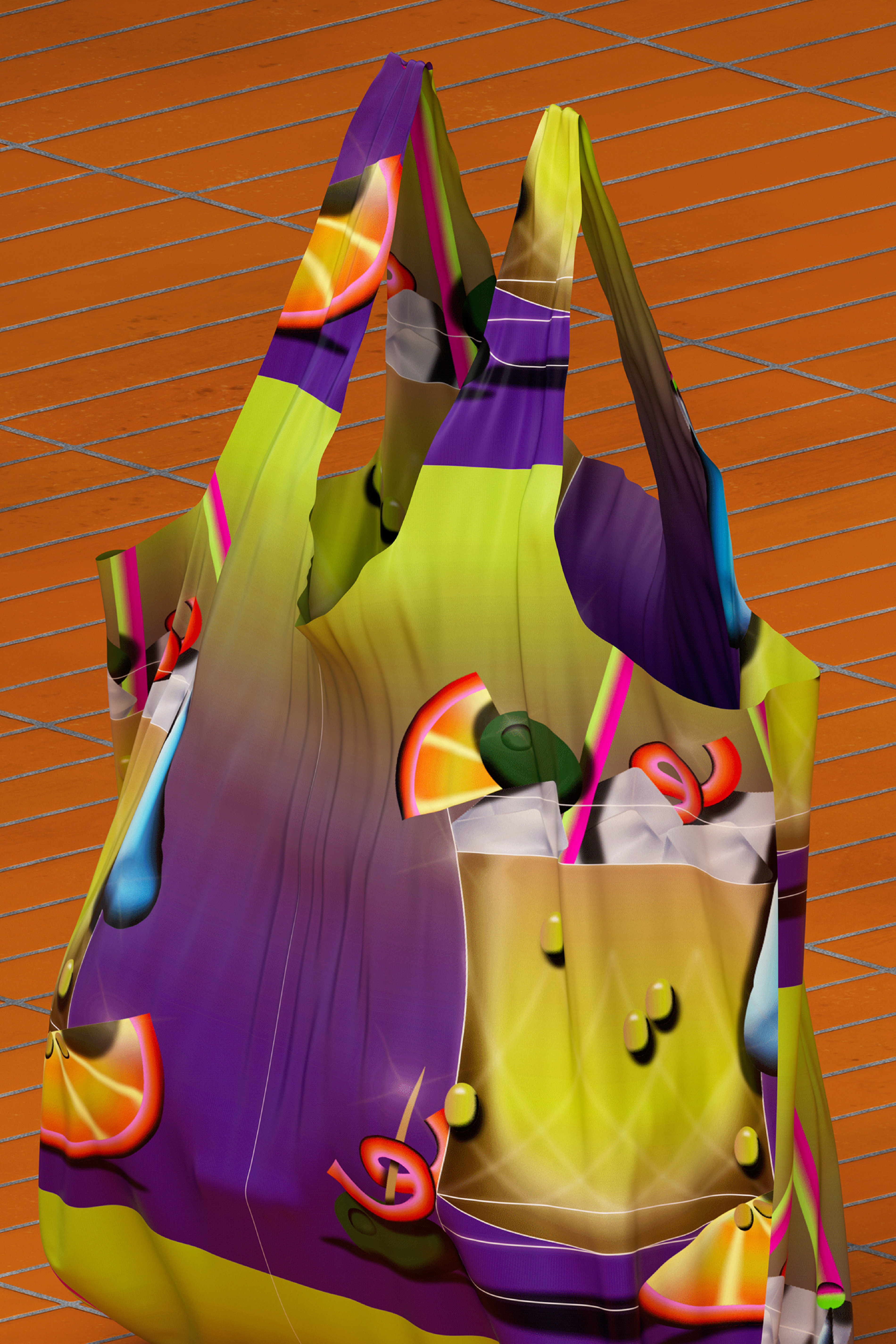3D rendering of a shopping bag with a printed pattern by Bimbo Kermit.