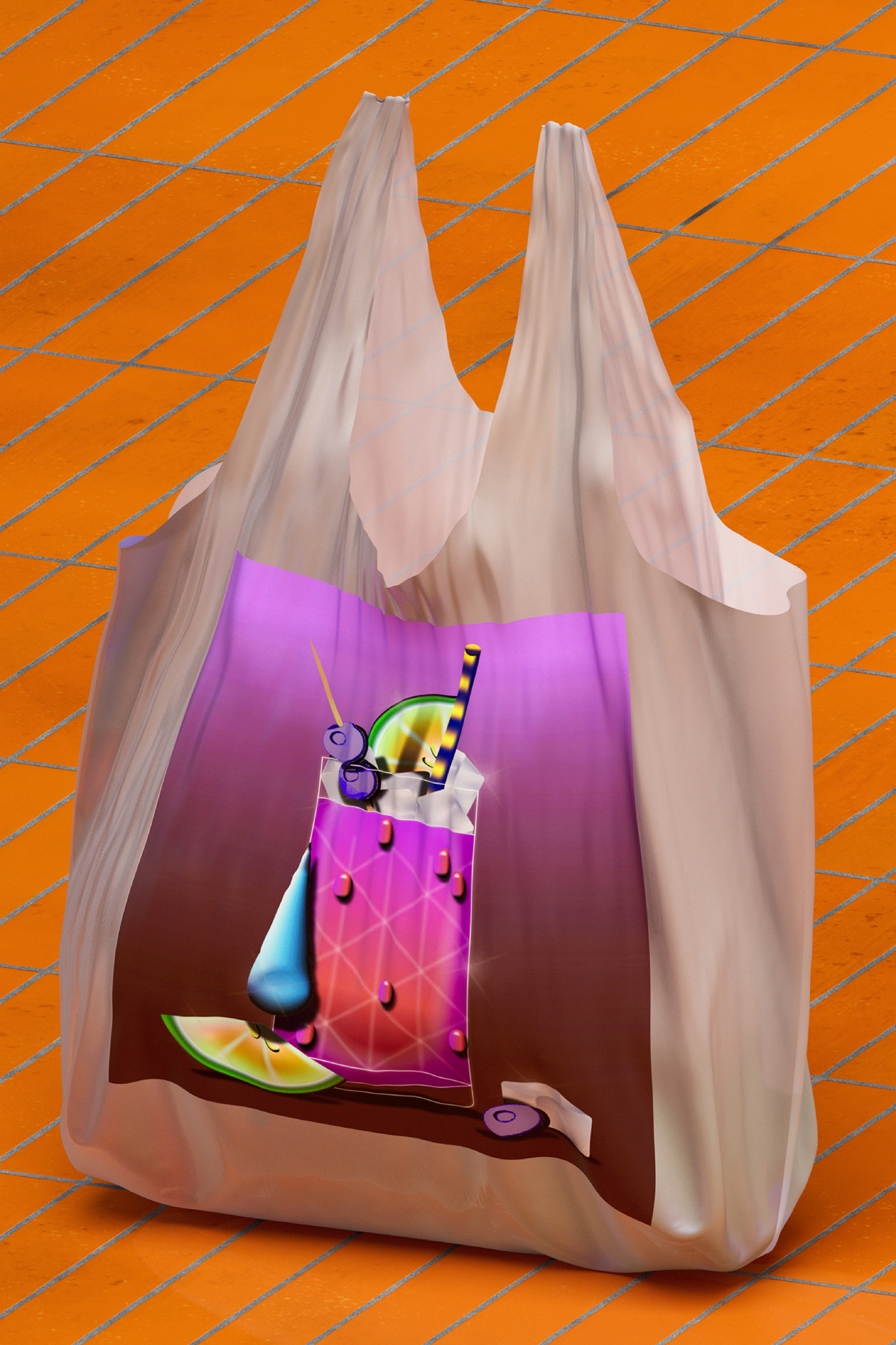 3D rendering of a shopping bag with a printed pattern by Bimbo Kermit.