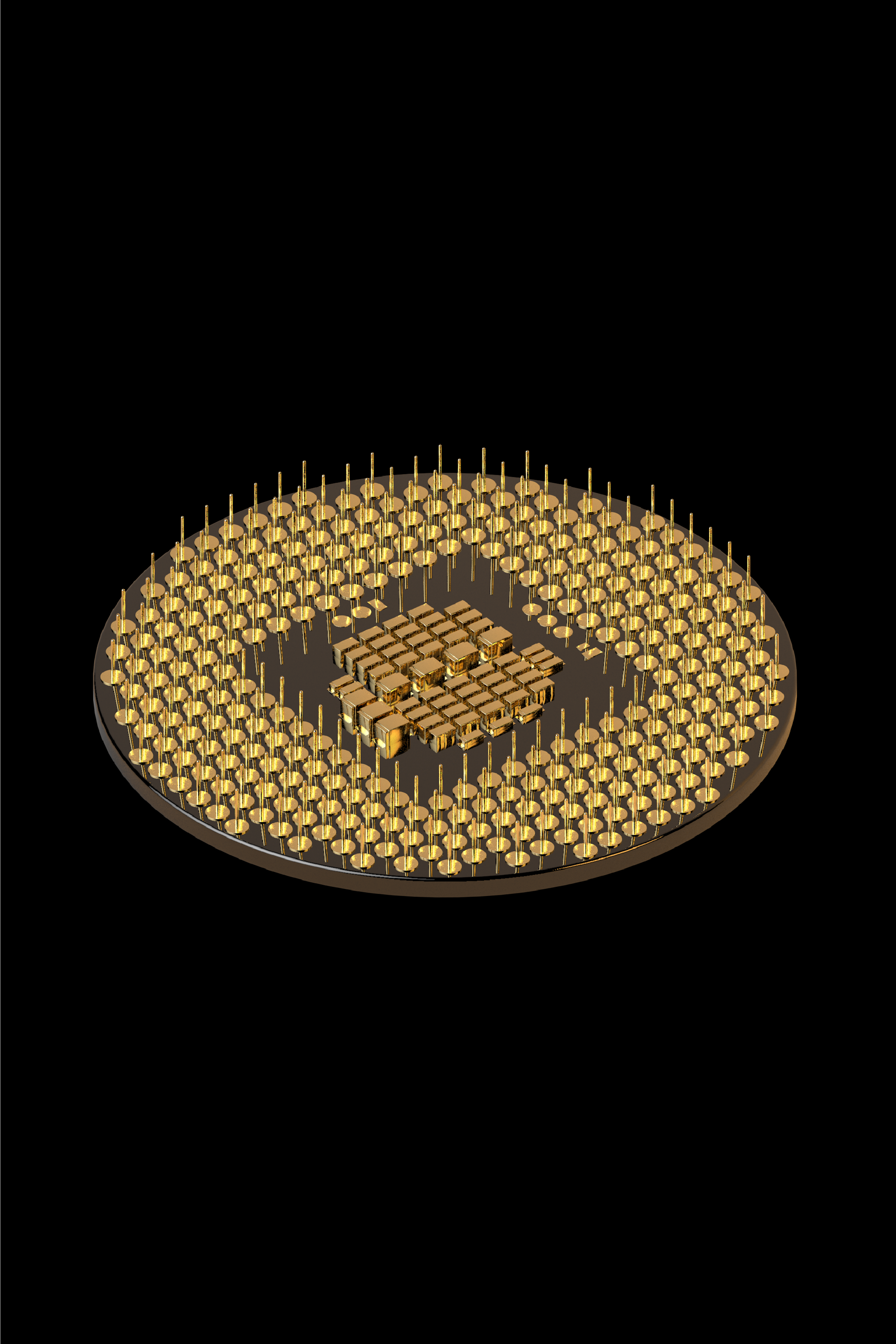 3D rendering of a golden round-shaped microchip on a black background.